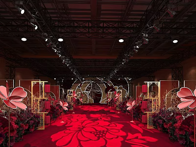 Service Hall Interior With Red Carpet Floral Decorations Golden Frames And Ceiling Lighting 3d model