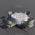 Round Dining Table Set With White Tablecloth Tableware Wine Glasses And Four Light Green Chairs 3d model
