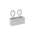 Elegant Bathroom Vanity With Double Oval Gold Framed Mirrors Dual Faucets White Cabinets Drawers