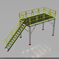 Industrial Metal Platform with Yellow Safety Railings Staircase and Red Support Legs
