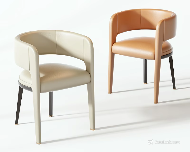 Beige and Tan Leather Accent Chairs with Sleek Modern Curved Arms and Black Metal Legs 3d model 