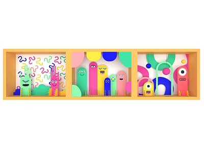 Colorful Cartoon Monsters Wooden Frame Display With Geometric Patterns Playful Photo Check-in Spot 3d model