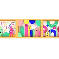 Colorful Cartoon Monsters Wooden Frame Display With Geometric Patterns Playful Photo Check-in Spot