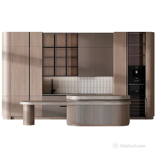 Modern Kitchen Cabinets with Wooden Panels Metal Frames and Ribbed Island Counter 3d model 
