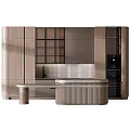 Modern Kitchen Cabinets with Wooden Panels Metal Frames and Ribbed Island Counter