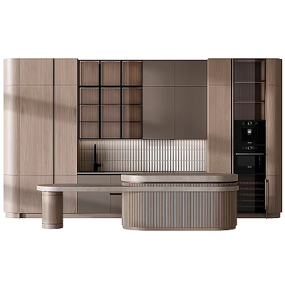 Modern Kitchen Cabinets with Wooden Panels Metal Frames and Ribbed Island Counter 3d model