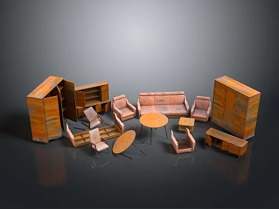 Wooden Furniture Set Featuring Sofa Chairs Tables Cabinets And Sideboards 3d model