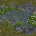 Garden Ornament Stone Enclosed Pond With Water Lilies Koi Fish Small Waterfall And Grass