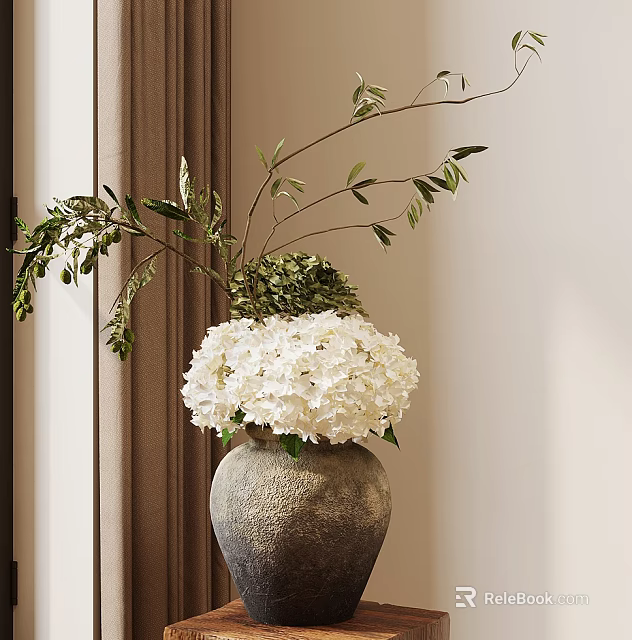 Gray Ceramic Vase Holding White Hydrangeas And Green Branches Against White Wall With Curtain 3d model 