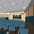 Modern Cinema Interior With Blue Seats Large Screen White Pendant Lights And Carpeted Floor
