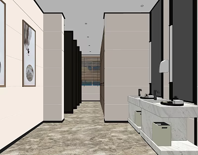 Modern Clean Public Restroom With Stalls Washbasins Marble Countertops Mirrors And Wall Paintings 3d model