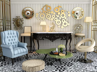 Elegant Console Table Setup With Gold Circular Decor Mirrors And Table Lamps 3d model