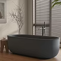 Modern Black Freestanding Bathtub on Wooden Floor with Window Blinds and Side Stool