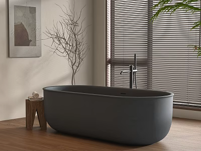 Modern Black Freestanding Bathtub on Wooden Floor with Window Blinds and Side Stool 3d model