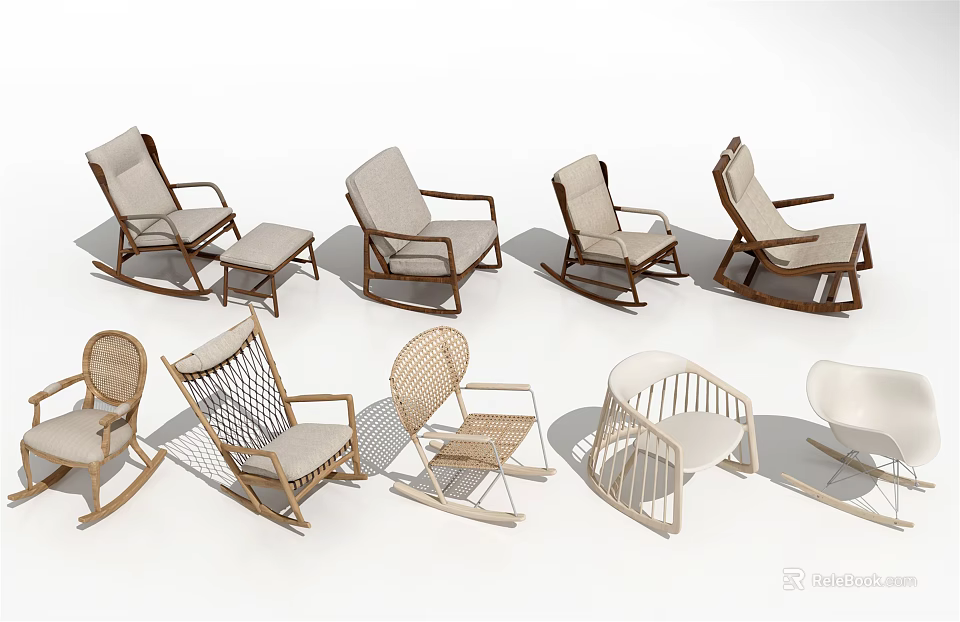 Various Modern Leisure Chairs With Wooden Frames And Different Seat Backrest Designs 3d model 