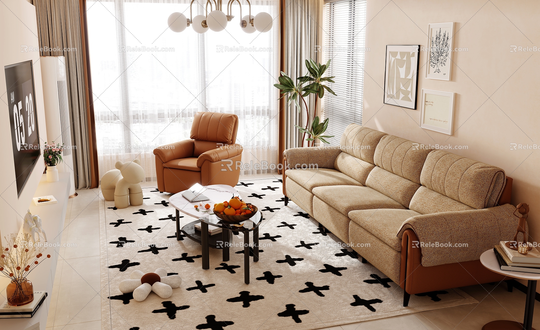 Living room cream style living room sofa combination fabric sofa 3d model