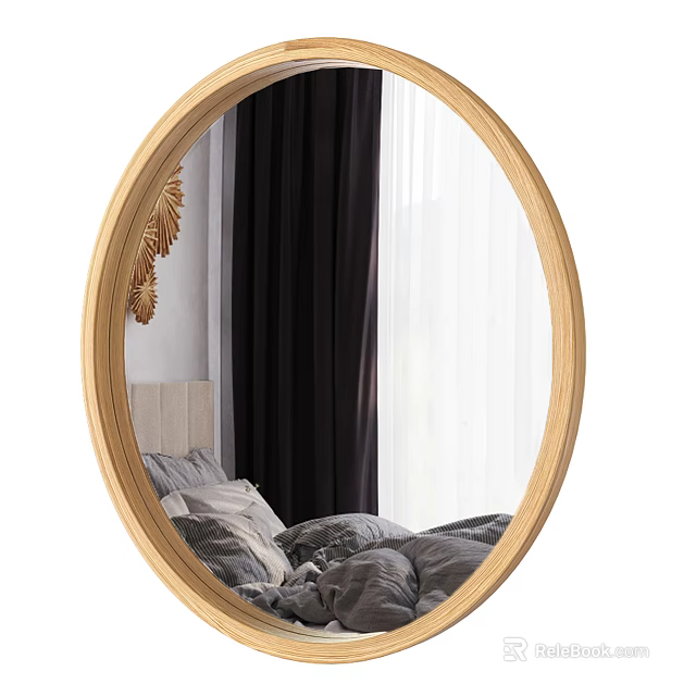 Round Wooden Frame Mirror Reflecting Bedroom With Gray Bedding Black White Curtains And Golden Decoration 3d model 