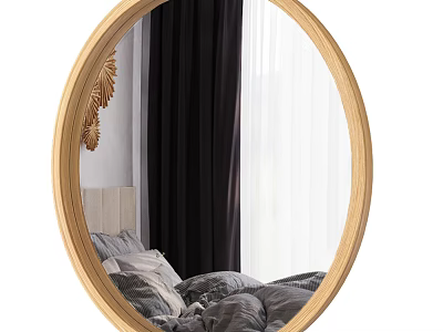 Round Wooden Frame Mirror Reflecting Bedroom With Gray Bedding Black White Curtains And Golden Decoration 3d model