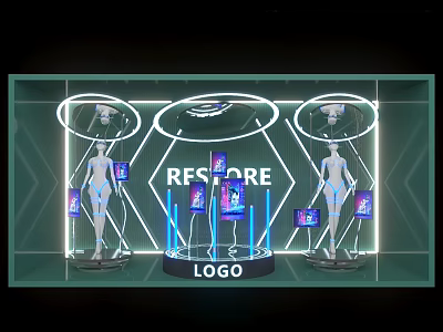 Modern Display Booth With Mannequins Neon Lights Screens RESCORE Sign And LOGO 3d model