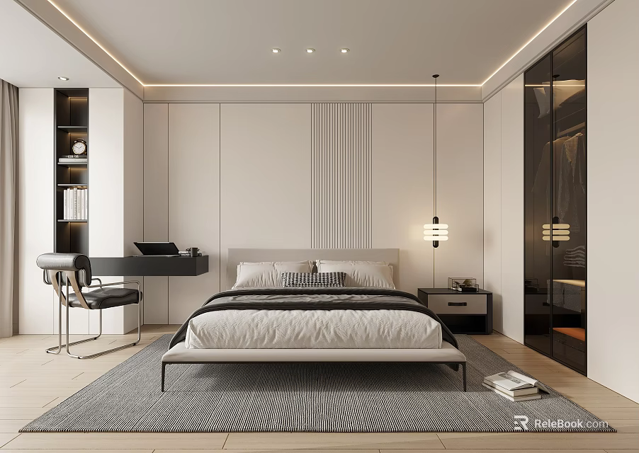 Modern Bedroom Interior With Bed Nightstand Pendant Light Desk Chair And Rug 3d model 