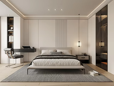 Modern Bedroom Interior With Bed Nightstand Pendant Light Desk Chair And Rug 3d model
