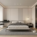 Modern Bedroom Interior With Bed Nightstand Pendant Light Desk Chair And Rug