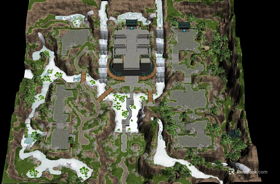 Elaborate Landscape Layout With Mountain River Green Spaces And Architectural Structures 3d model 