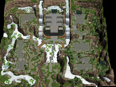 Elaborate Landscape Layout With Mountain River Green Spaces And Architectural Structures 3d model
