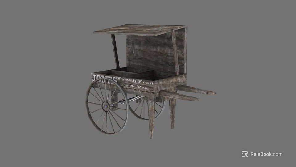 Rustic Vintage Wooden Street Vendor Cart With Canopy And Wooden Wheels 3d model 