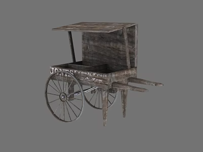 Rustic Vintage Wooden Street Vendor Cart With Canopy And Wooden Wheels 3d model