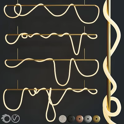 Modern Gold Curved Chandelier with Elegant Layered Design and Decorative Structure 3d model