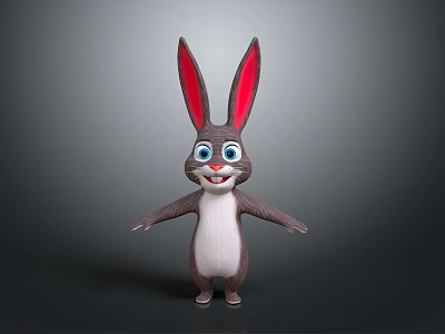 Cartoon Rabbit Character with Long Ears Blue Eyes and Grey Body Standing with Arms Open 3d model
