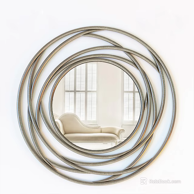 Decorative Round Mirror With Intertwined Metal Rings Reflecting Beige Sofa And White Shuttered Window 3d model 