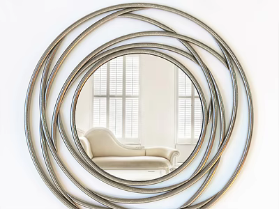 Decorative Round Mirror With Intertwined Metal Rings Reflecting Beige Sofa And White Shuttered Window 3d model