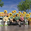 Scenic Bench Surrounded By Sunflowers White Picket Fence And Two People Under Blue Sky