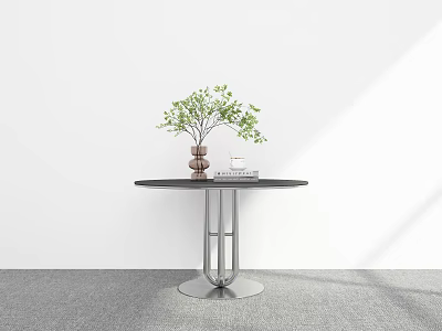 Minimalist Round Black Dining Table With Metal Stand Green Plant Brown Vase And Book 3d model