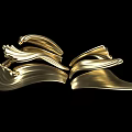 Gold Shiny Art Installation With Curved Flowing Leaf Like Wings On Black Background