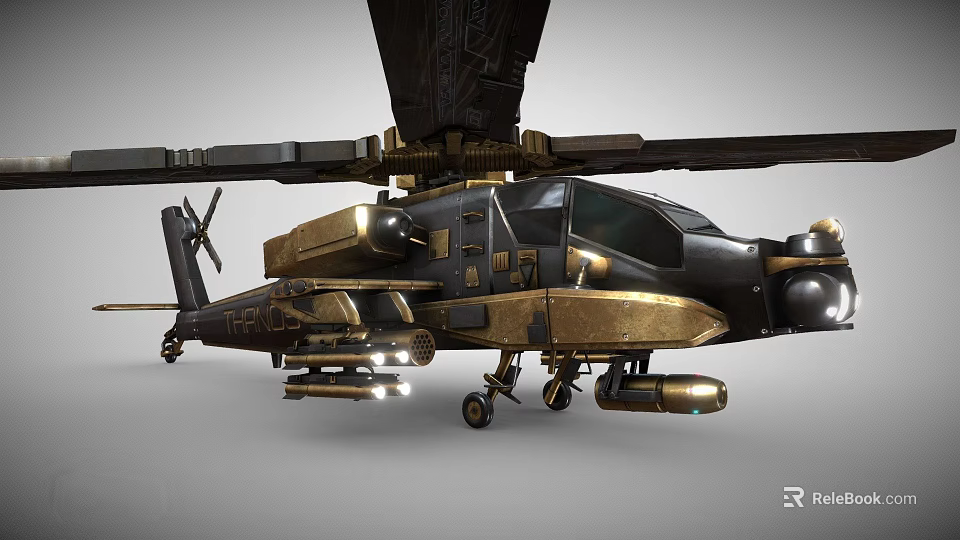 Black And Gold Military Attack Helicopter With Rotors Weapon Systems And Cockpit 3d model 