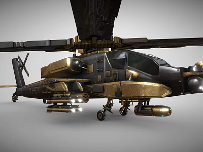 Black And Gold Military Attack Helicopter With Rotors Weapon Systems And Cockpit 3d model