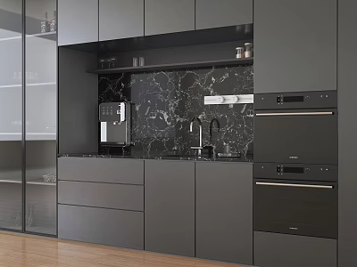 Modern Gray Sideboard Kitchen Interior With Marble Backsplash Wooden Floor And Appliances 3d model