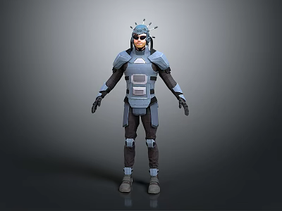 Mechanical Armored Biological Character Standing With Gray Blue Armor And Antenna Headpiece 3d model