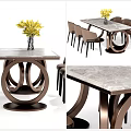 Stylish Dining Table Set With Marble Tabletop Circular Ring Base Yellow Flowers And Chairs 3d model