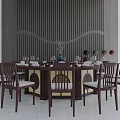 Modern Elegant Dining Table Set With Round Table Chairs Tableware Vase And Vertical Striped Wall 3d model