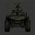 Green Military Off Road Vehicle with Open Cockpit Mounted Weapon and Large Tires