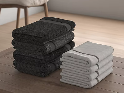 Soft Dark and Light Colored Towels Neatly Stacked on Wooden Table in Modern Room 3d model