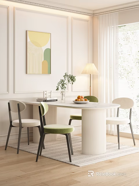Modern Dining Table Set With Marble Top Green Velvet Chairs And Wall Art Floor Lamp 3d model 
