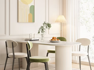 Modern Dining Table Set With Marble Top Green Velvet Chairs And Wall Art Floor Lamp 3d model