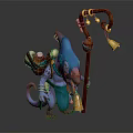 Fantasy Teal Creature Character With Purple Snout Claws Carrying Bag And Holding Bell Staff