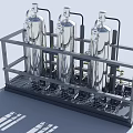 Industrial Processing Equipment With Three Silver Tanks Metal Framework And Pipes