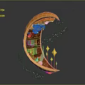 Creative Moon Shaped Bookshelf With Books Decorative Items And Sparkling Stars